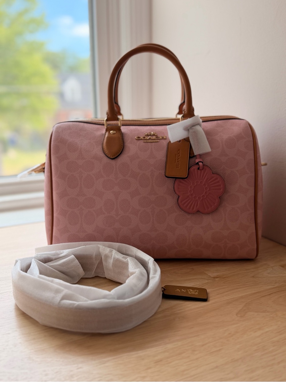 LARGE Coach Pink Signature Satchel with Floral Charm and Tan Trim